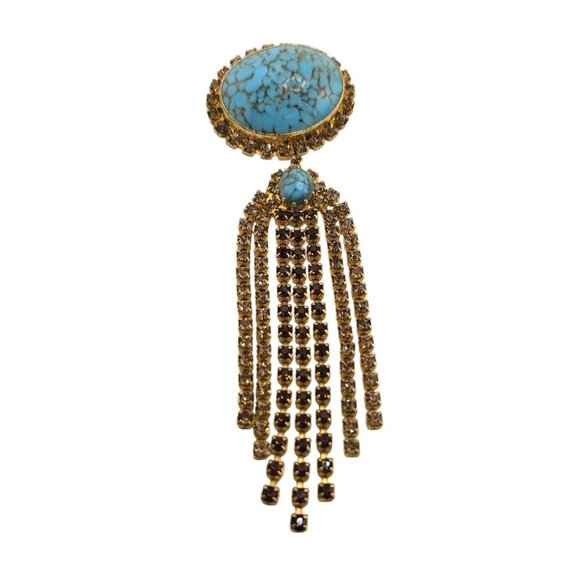 Vintage Turquoise Hubble Glass & Rhinestone Dangle Brooch (A8145) - Picture 1 of 5